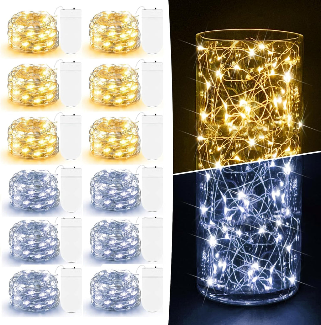 Skiennix 12 Pack Fairy Lights - 7ft 20 LED Battery Operated Twinkle Lights for Mason Jars & Crafts | Warm White & Cool White