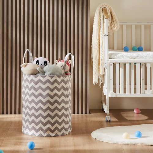 Baby Laundry Basket with Long Handles, 63L Collapsible Kids Laundry Hamper, Toy Storage Basket for Nursery, Bedroom Decor for Girls and Boys (Grey Chevron)