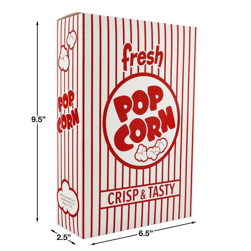 Snappy 5J Red & White Striped Close Top Popcorn Boxes - 50 Count, 3.3 oz. Capacity, 6.5" x 2.5” x 9.5” Popcorn Containers, Movie Night Supplies