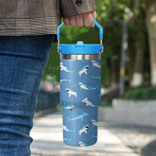 30oz Shark Tumbler with Handle and Flip Straw, Stainless Steel Insulated Cup, Travel Coffee Mug Water Bottle, Birthday Mothers Day Chritmas Gifts for Women Animal Lovers