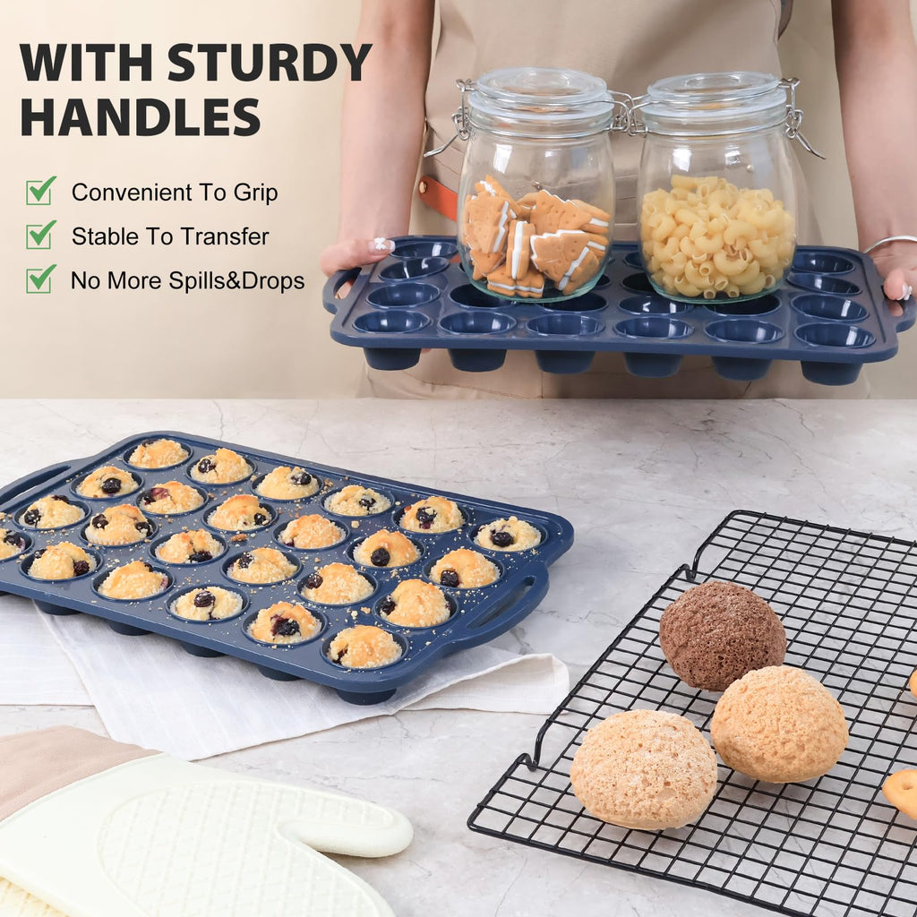 Vnray 2 Pack Mini Silicone Muffin Pan with Metal Frame, Non Stick Silicone Cupcake Pan with Handles 24 Cup, BPA Free Silicon Muffin Tin Tray Small for baking, egg bites, Cupcake Mold Grey
