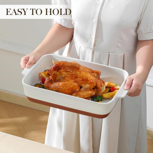 MALACASA 4.8 Qt Ceramic Baking Dish - Deep Roasting Pan with Stainless Steel Rack | 9x13 Inch, Khaki & White
