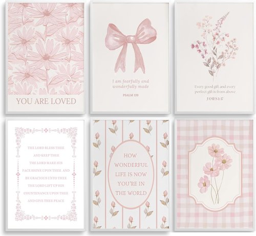 CBLIORUD Pink Christian Flower Canvas Wall Art - 6Pcs Bible Verse Decor for Girly Bedroom & Nursery