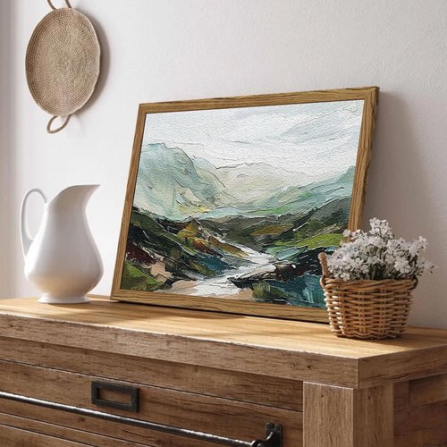 Framed 3D Textured Mountain Wall Art - Abstract Green Landscape Decor | Hand-Drawn Sandstone Aesthetic 12x16 Inch
