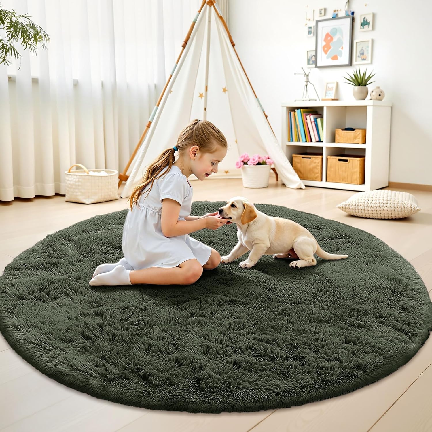 OLANLY Olive Green Round Area Rug - Soft, Fluffy, Machine Washable 7 ft Circle Carpet for Bedroom & Living Room Decor