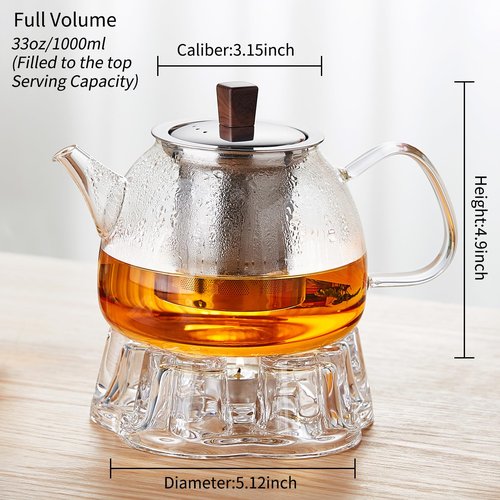 DOPUDO 34OZ/1000ml Glass Teapot with Stainless Steel Infuser, Drip-Free Spout, and Wooden Knob Lid – Stovetop Safe Borosilicate Tea Kettle for Loose Leaf and Herbal Tea Brewing