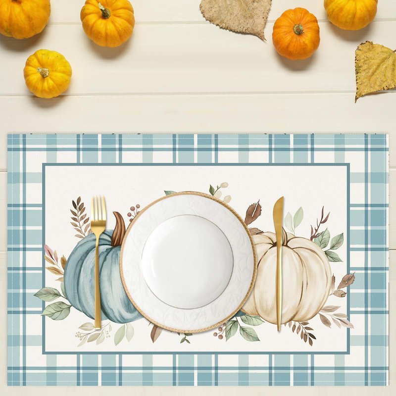 Bonhause Pumpkins Eucalyptus Leaves Fall Placemats Set of 4, 12x18 Inch Blue Buffalo Plaid Autumn Thanksgiving Kitchen Dinning Table Mats Washable Place Mats for Indoor Outdoor Home Party Decor