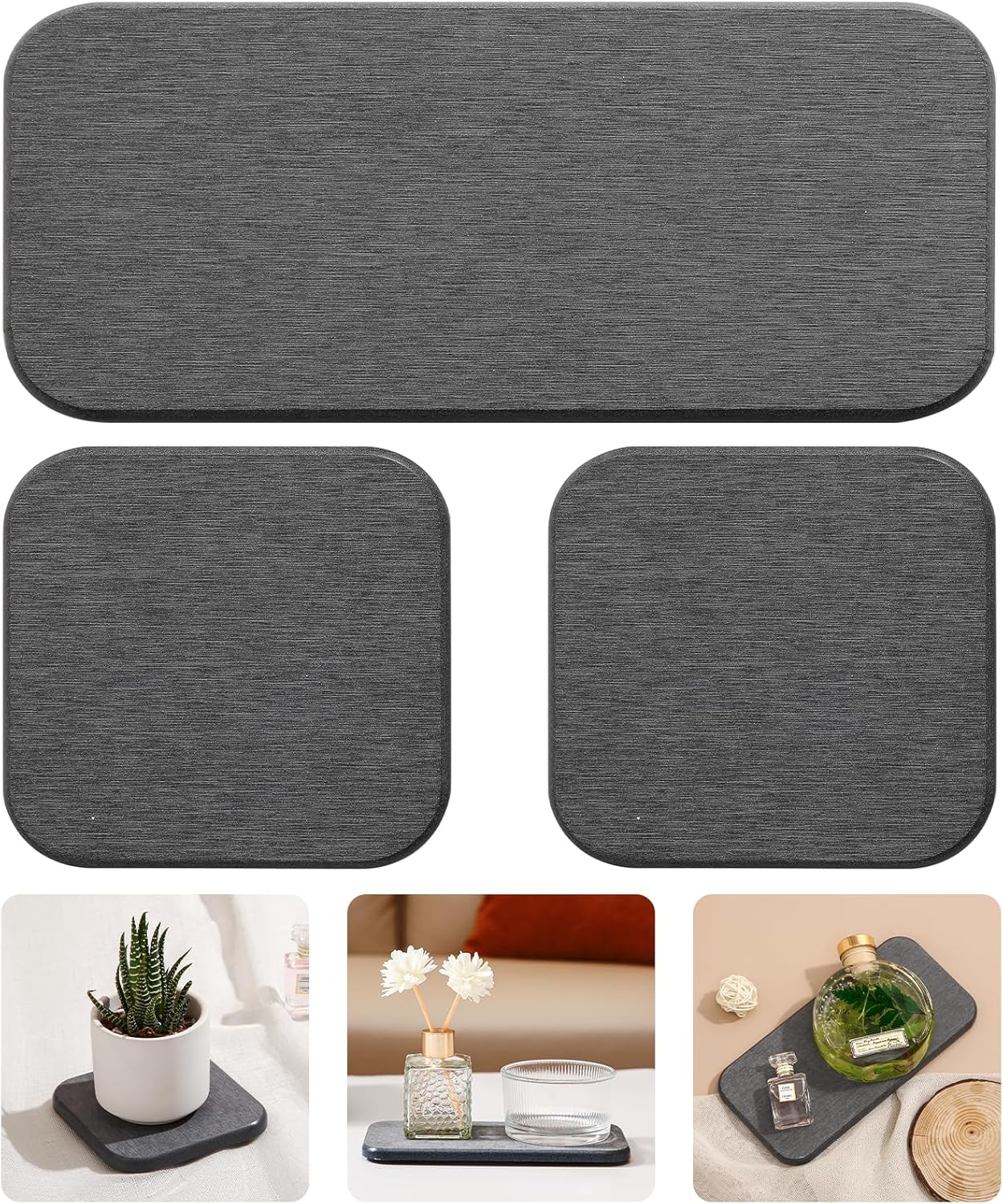 Skiennix Diatomaceous Earth Tray Set - Fast Drying Soap & Toothbrush Holders | 3-Piece Bathroom Counter Set