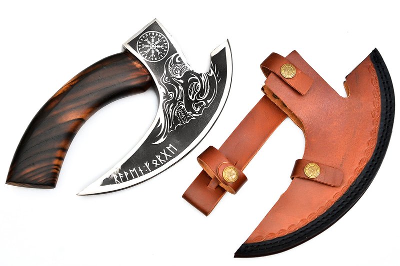 Handmade 11” Pizza Cutter, 10” Cutting Blade with Carbon Steel, Leather Sheath, Skull Design, Viking Style Pizza Cutter Design. Multi-Purpose Cutter… (Dark Wood Handle)