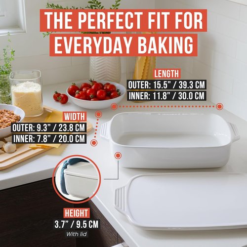 Chef Pomodoro Casserole Dish - Elegant White Ceramic Baking Dish with Lid | 15.5" x 9.3" for Lasagna & Roasting