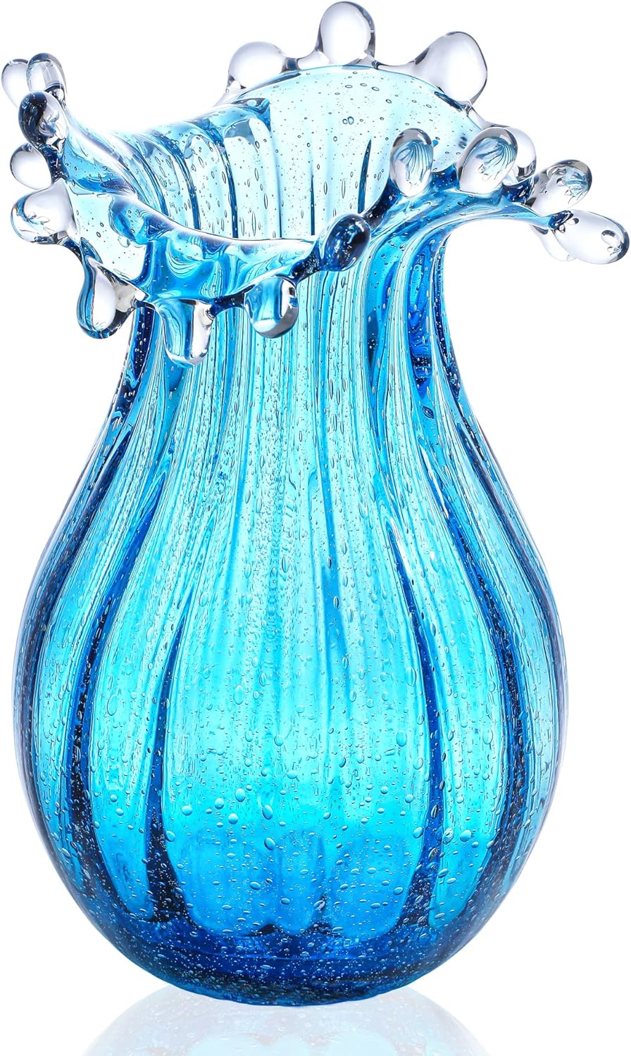 Skiennix 8-Inch Blown Glass Bubble Vase - Modern Art Flower Decor for Home, Office & Weddings - Blue