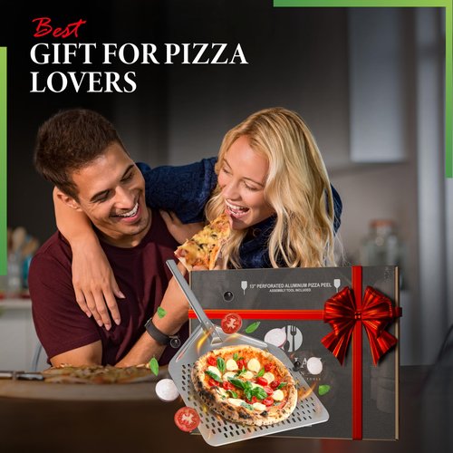 Perforated Pizza Peel 13"W x 16.7"L - Professional Restaurant Grade Large Metal Pizza Peel - 27.3" Long Handle Aluminum Turning Peel - Commercial Pizza Paddle