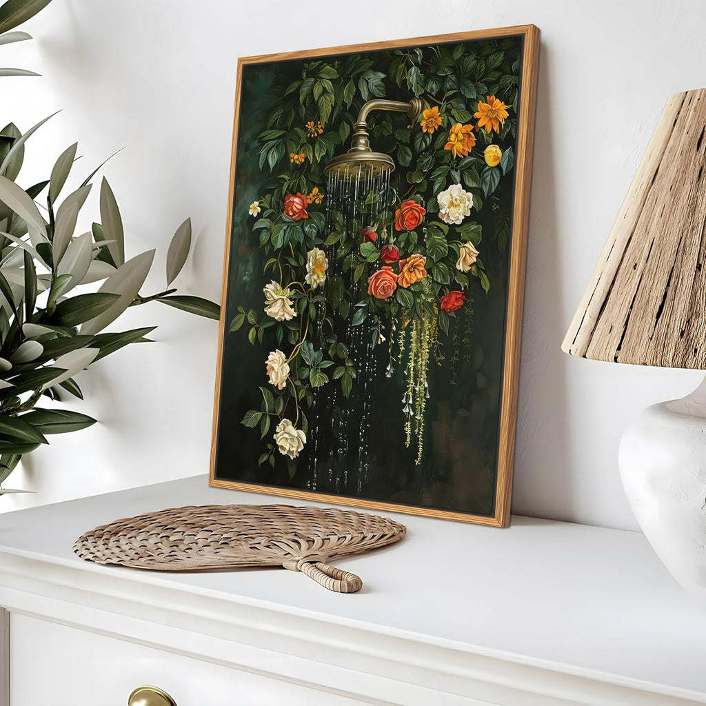 Skiennix Floating Framed Floral Shower Wall Art - Vintage Botanical Canvas Print | Romantic Garden Roses 12x16 Inch