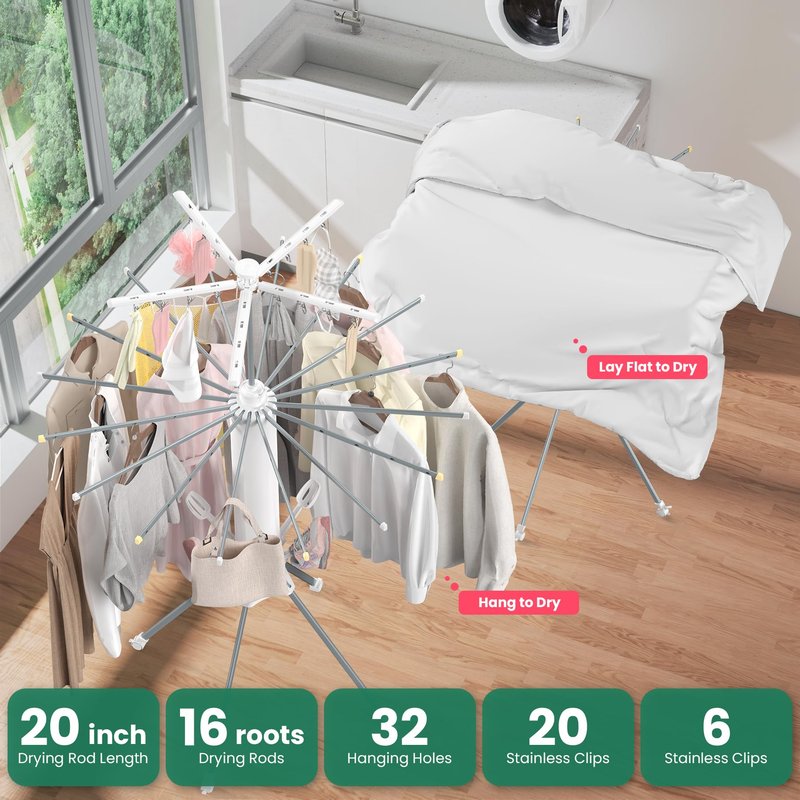 GBEER Clothes Drying Rack Foldable, 4-Legged Laundry Drying Rack Collapsible, Clothing Drying Rack with 4 Pulleys, 3-Tier Collapsible Drying Racks for Laundry and Shoes