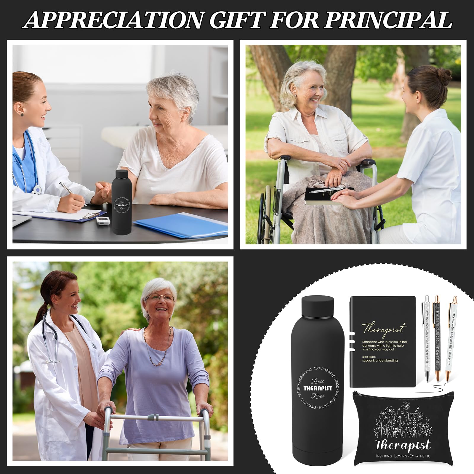 Marspark 6 Pcs Christmas Therapy Appreciation Gifts for Women, with Stainless Steel Water Bottle, Printed Bag, and Pen A5 Notebook Makeup Bag Set for Appreciation Gift Mental Healthy Psychology(black)