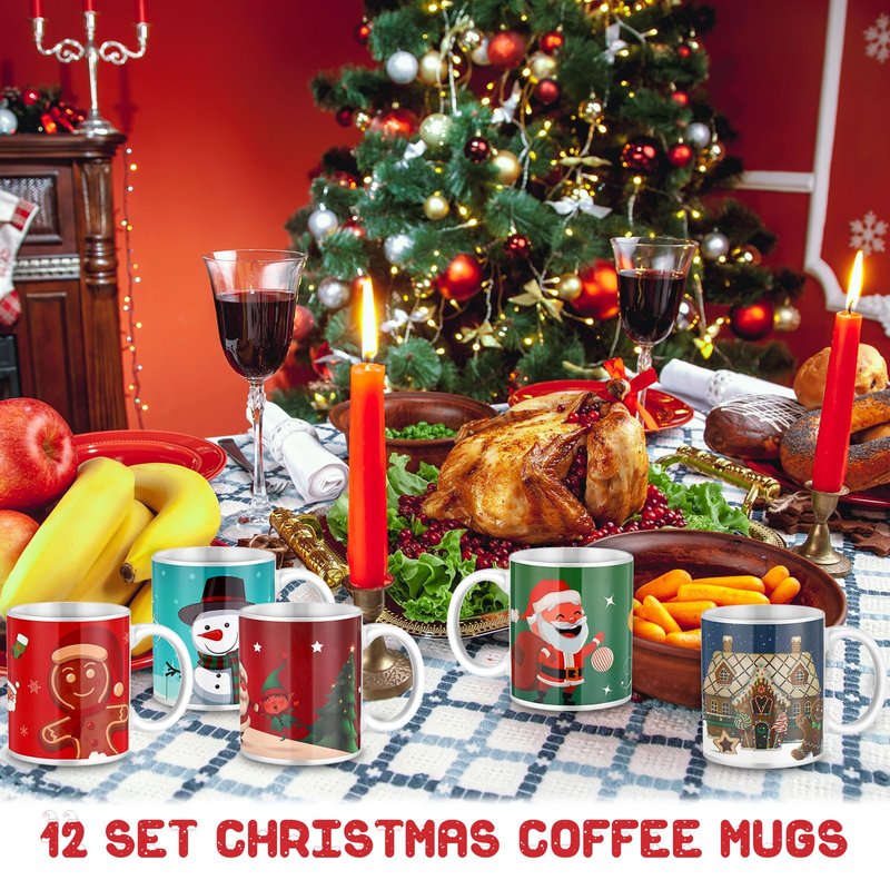 Tioncy 12 Pcs Christmas Coffee Mugs Set 11 oz Ceramic Christmas Mugs with Handle Ceramic Matching Cups Holiday Party Stackable for Home Centerpieces Housewarming Holiday Party Gift(Classical)