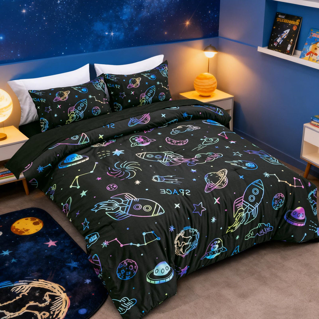 Aimuan Space Comforter Twin Set Kids Rocket Bedding Set Super Soft & Cute Aliens UFO Printed for Boys Girls Teen (Black, Full 5Pcs)