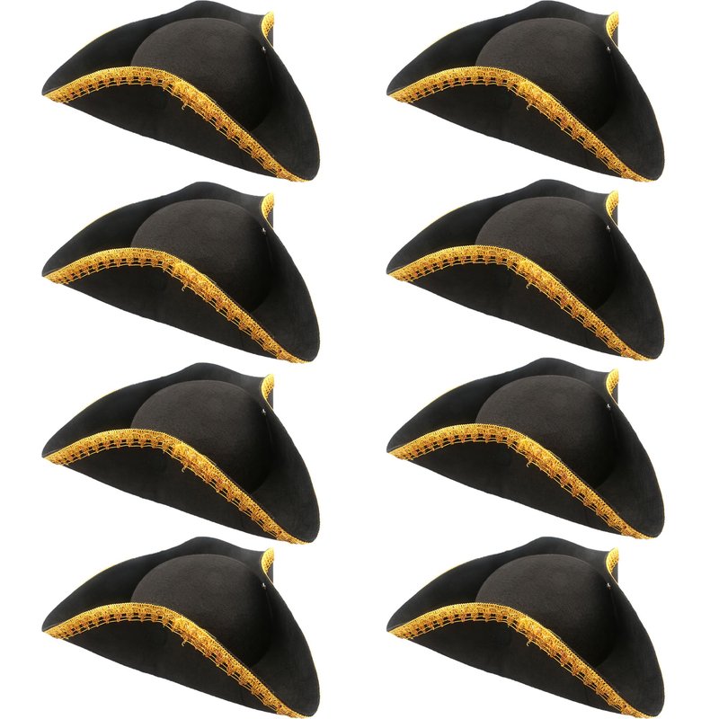 SGBETTER 8 Pack Felt Pirate Tricorn Hat Black Buccaneer Hat with Gold Trimming for Halloween Masquerade Party Role Play Outfit Accessories