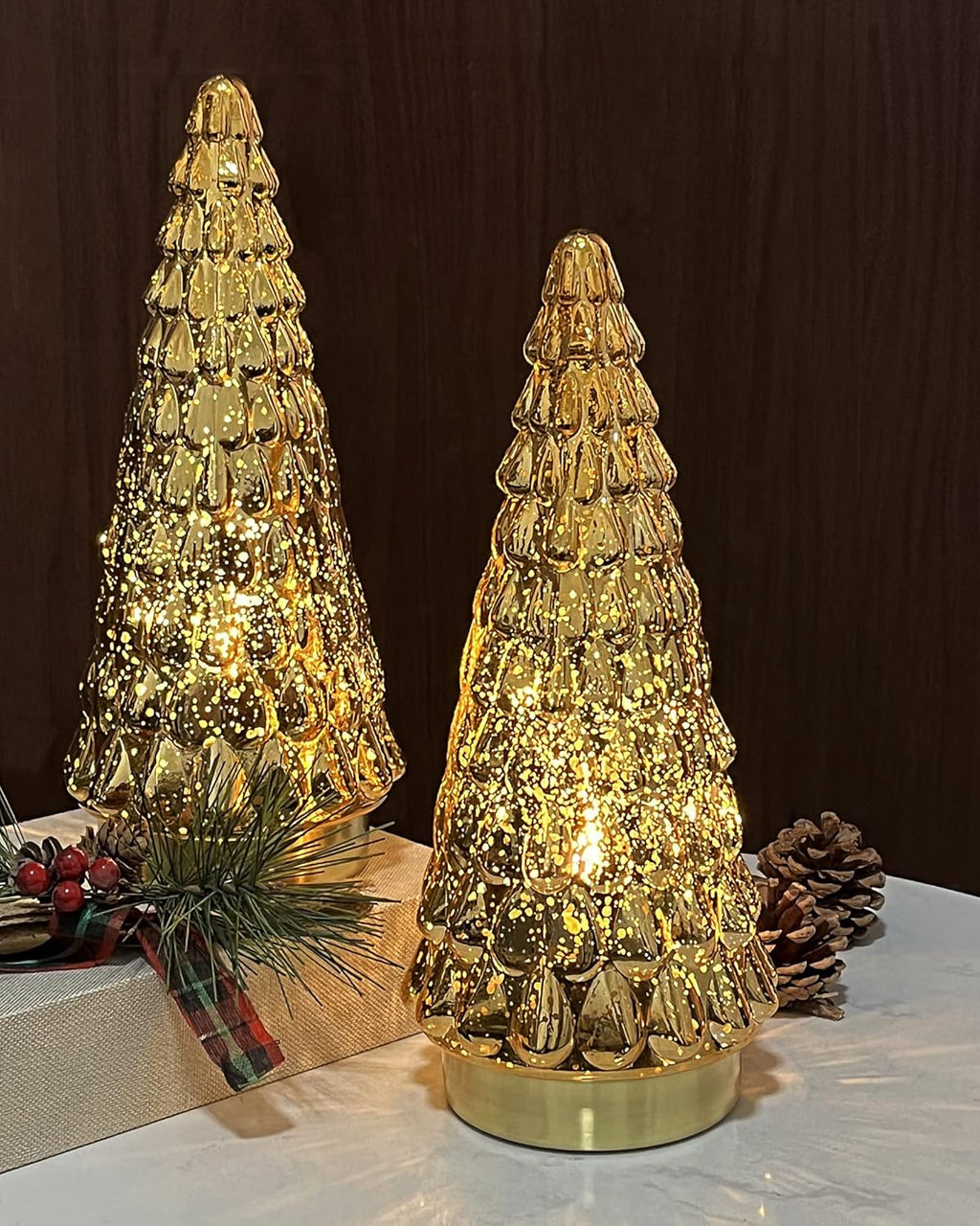 SHMILMH Gold Mercury Glass Christmas Tree Set - Battery Operated Tabletop Xmas Trees | 10" Decor