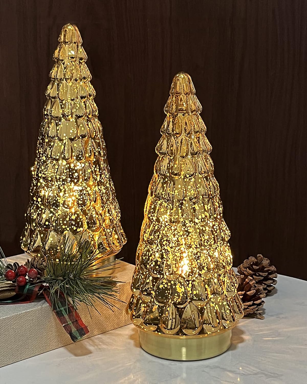 SHMILMH Gold Mercury Glass Christmas Tree Set - Battery Operated Tabletop Xmas Trees | 10" Decor