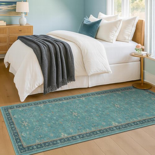 Hazo Haus Boho Kitchen Rug Runner - 2x7 Teal Washable Non-Slip Vintage Floral Indoor Mat