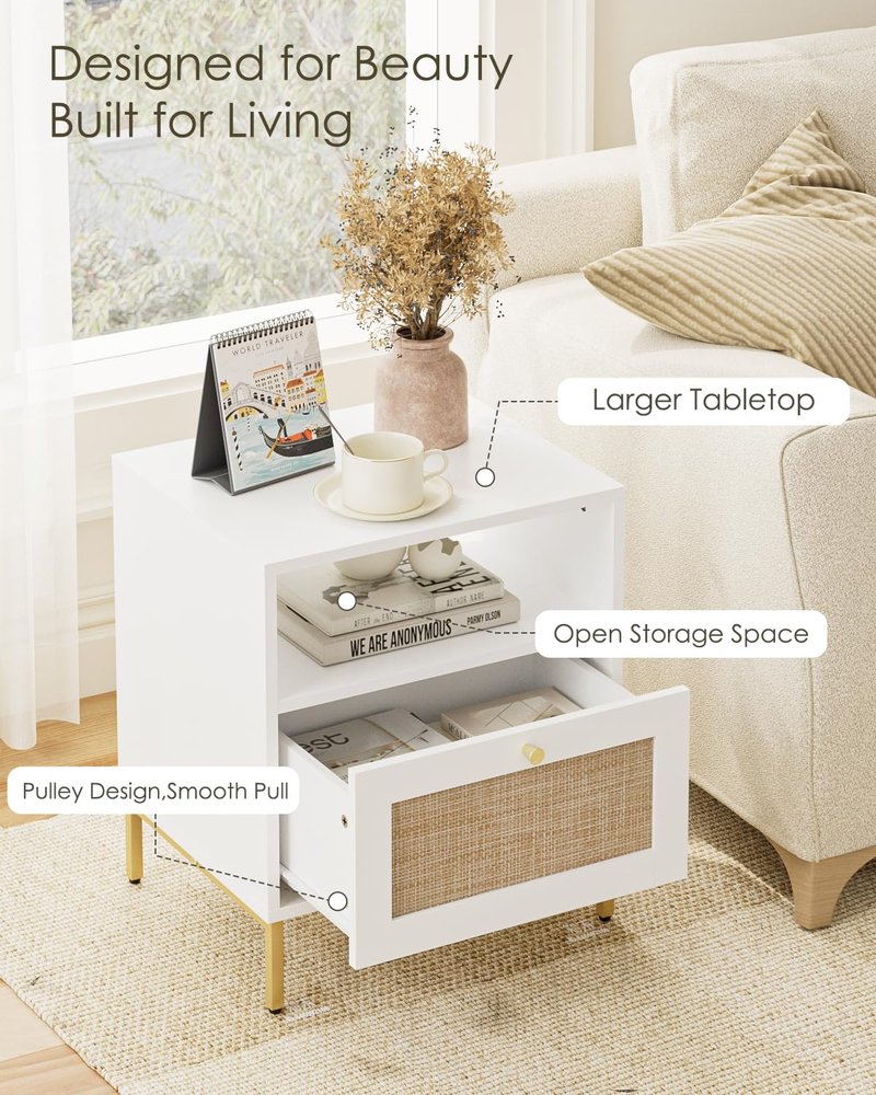 Apetaccat Extra Large Nightstand Rattan Night Stand, Modern Side Table Boho Farmhouse Wood Bedside Table with Storage Drawer and Open Shelf,Large End Table for Bedroom,Living Room,Office(White)