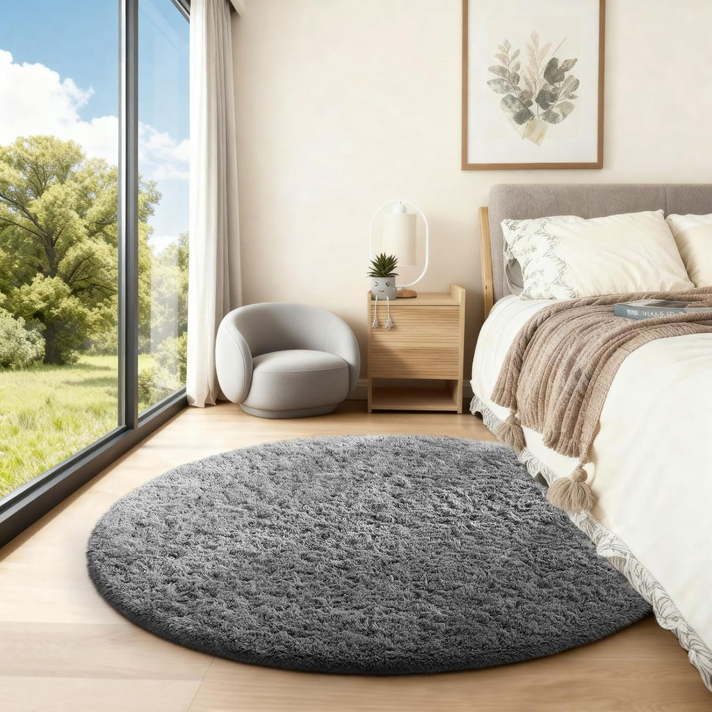 Ophanie Round Rug - 4Ft Grey Circle Area Rug | Fluffy Plush Shag Carpet for Kids & Nursery Decor