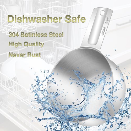 BERYLER 2PCS 2Cup (480ml, 16oz) Single Measuring Cup, Etched Inner Scale Stainless Steel Measure Scoop, Metric and US Measurement, Dishwasher Safe