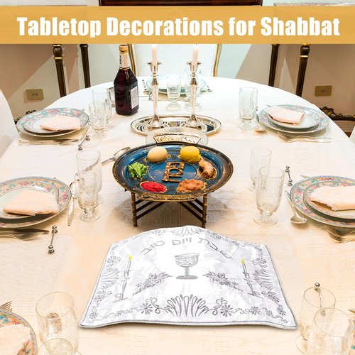 HunnmingRe 4 Pieces White Satin Challah Bread Cover Shabbat Candlestick Silver Embroidery Challah Cover for Shabbat Bread 20 x 16 Inch Tabletop Decorations Israel Judaica Gift