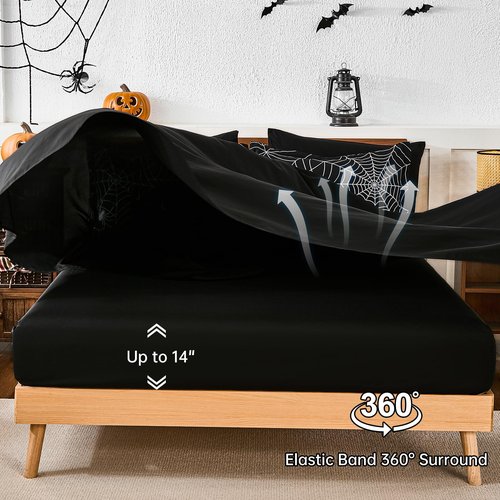 Luxudecor Halloween Comforter Set Queen Size 7 Pieces Bed in a Bag, Spider Cobweb Pattern Print on Black Bed Set, Black Halloween Themes Comforter with Sheet Set 90"x90"