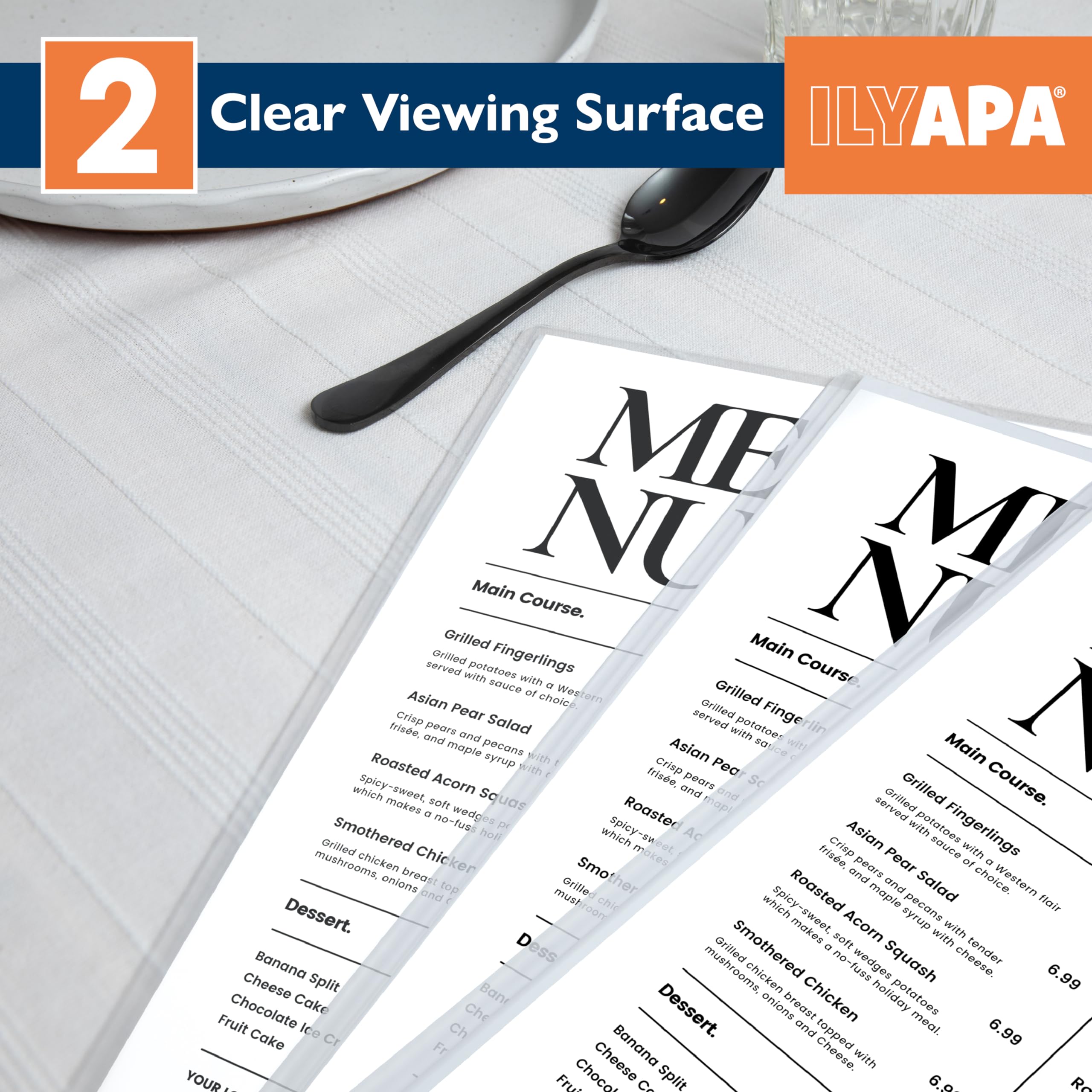 Ilyapa Restaurant Menu Covers 11 x 17 Inch - 30 Pack, Single Page, 2 View Clear Menu Holder Sleeves, Durable PVC Sheet Protector to Cover Inserts