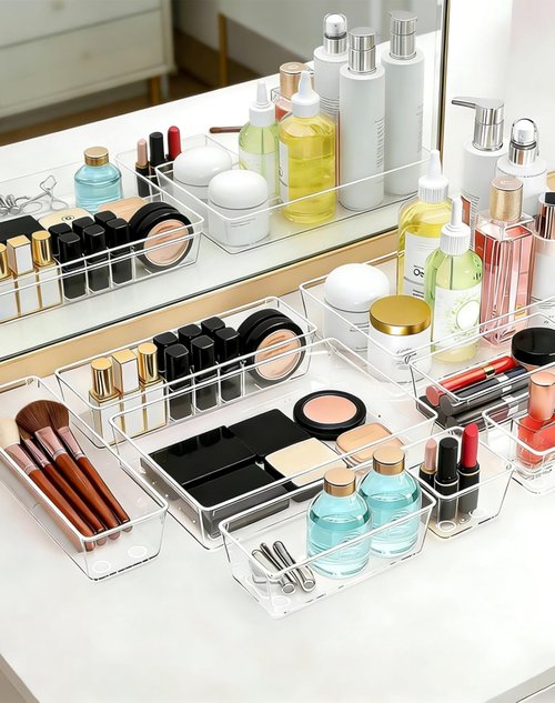 Clear Plastic Drawer Organizers by [Brand Name] - Set of 45 Stackable Storage Bins for Makeup, Kitchen Utensils & Jewelry