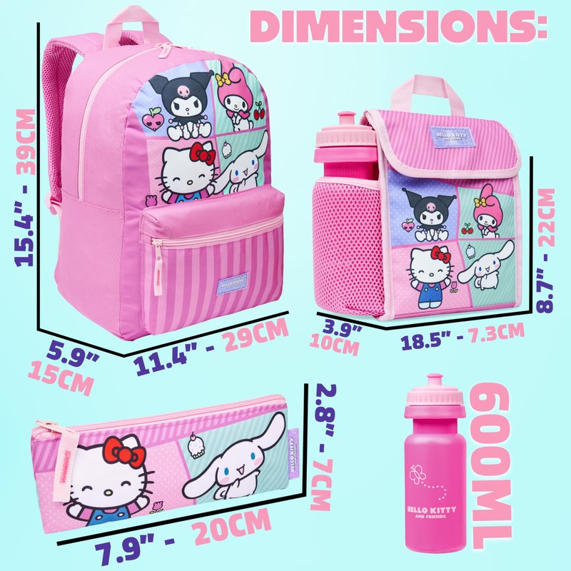 Hello Kitty Sanrio Backpack Set for Girls 4 Pcs Water Bottle Lunch Bag Pencil Case School Supplies Cinnamoroll Kuromi My Melody Gifts for Girls