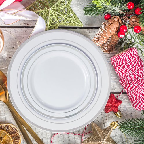 JollyPack 100 Piece Disposable Silver Plastic Party Plates, Including 50 10 Inch Dinner Plates and 50 7 Inch for Dessert, Great for Parties, Weddings, Home Use, and Christmas