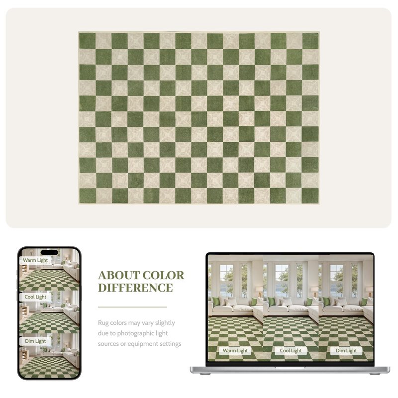 Kiginara Washable Green Checkered Rug 5x7, Non-Slip Low Pile Area Rug for Living Room, Bedroom, Nursery, Modern Neutral Farmhouse Checkerboard Carpet, Pet & Kid Friendly