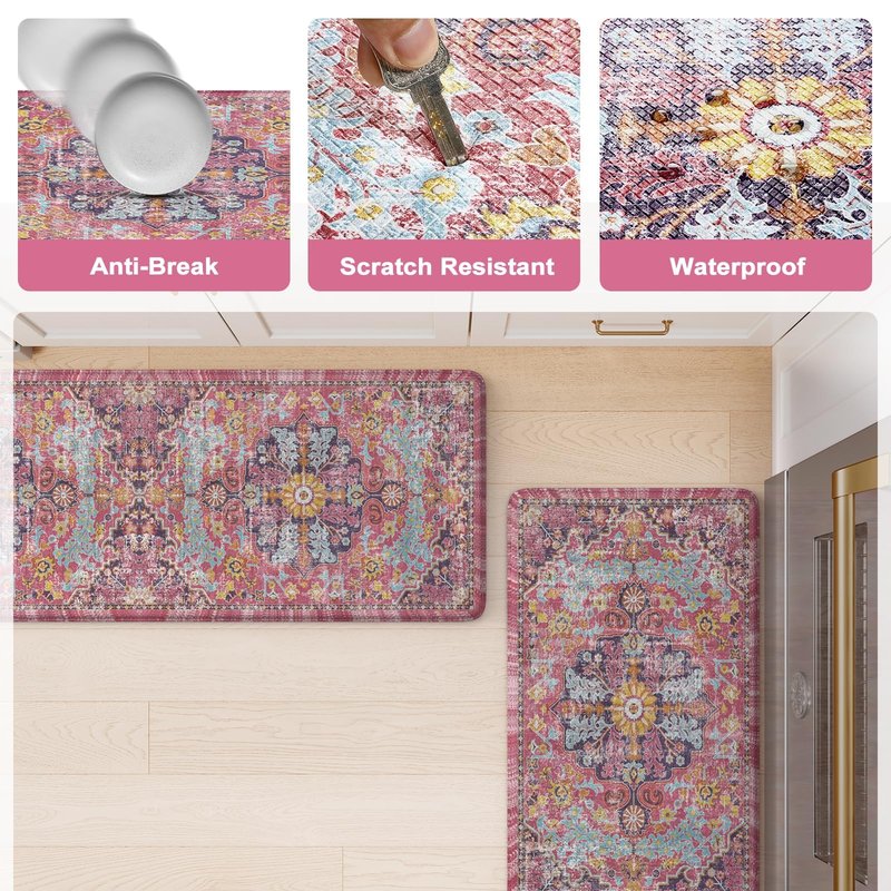 KIMODE Anti Fatigue Kitchen Mat, Cushioned Boho Kitchen Rugs Sets of 2, Non Slip Farmhouse Kitchen Mat for Floor, Waterproof Standing Desk Mat for Laundry, Office, Sink Fuchsia/Multi 17"x59"+17"x29"