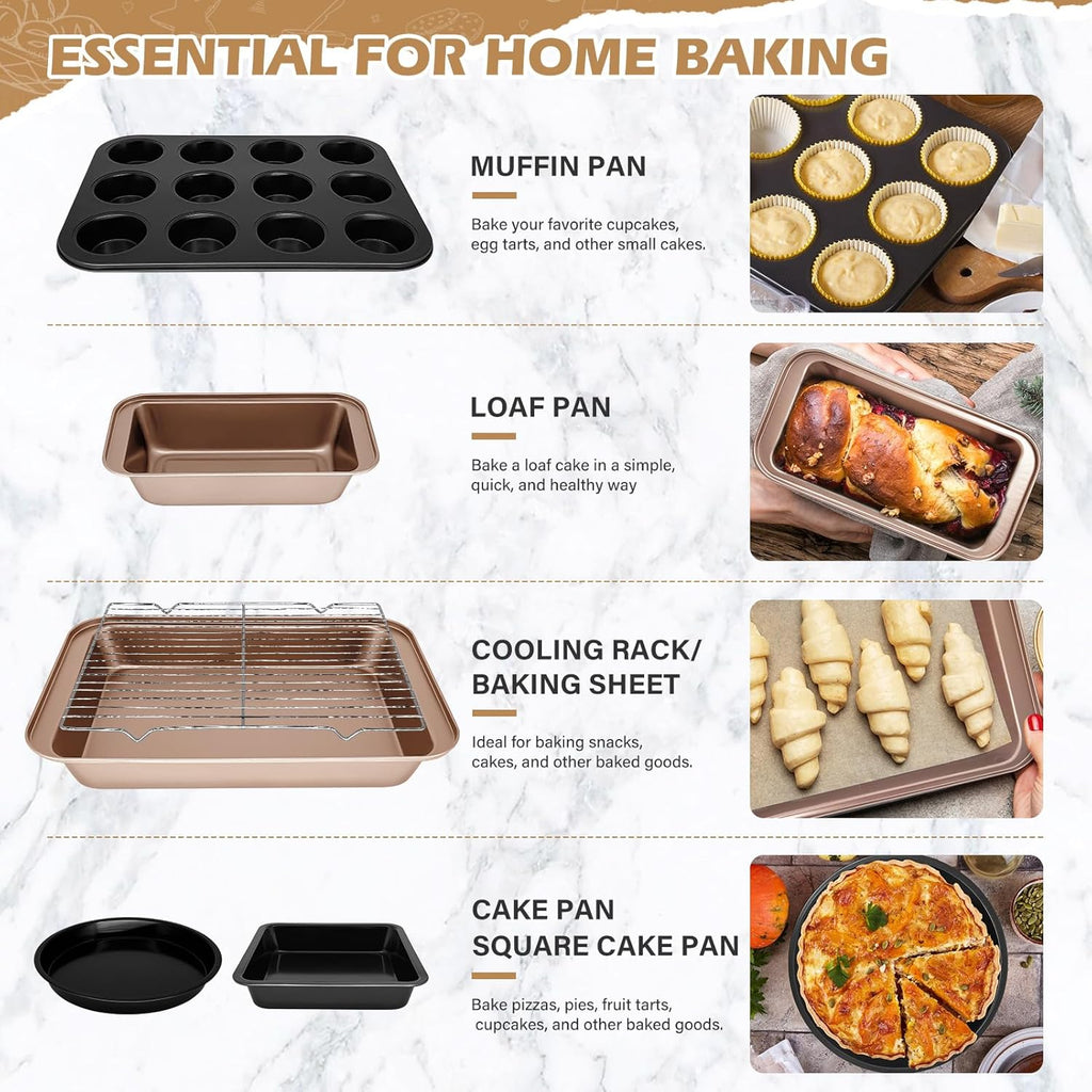 Skiennix Nonstick Bakeware Set - 15-Piece Baking Pan Set with Cooling Rack & Accessories | Oven Safe Metal