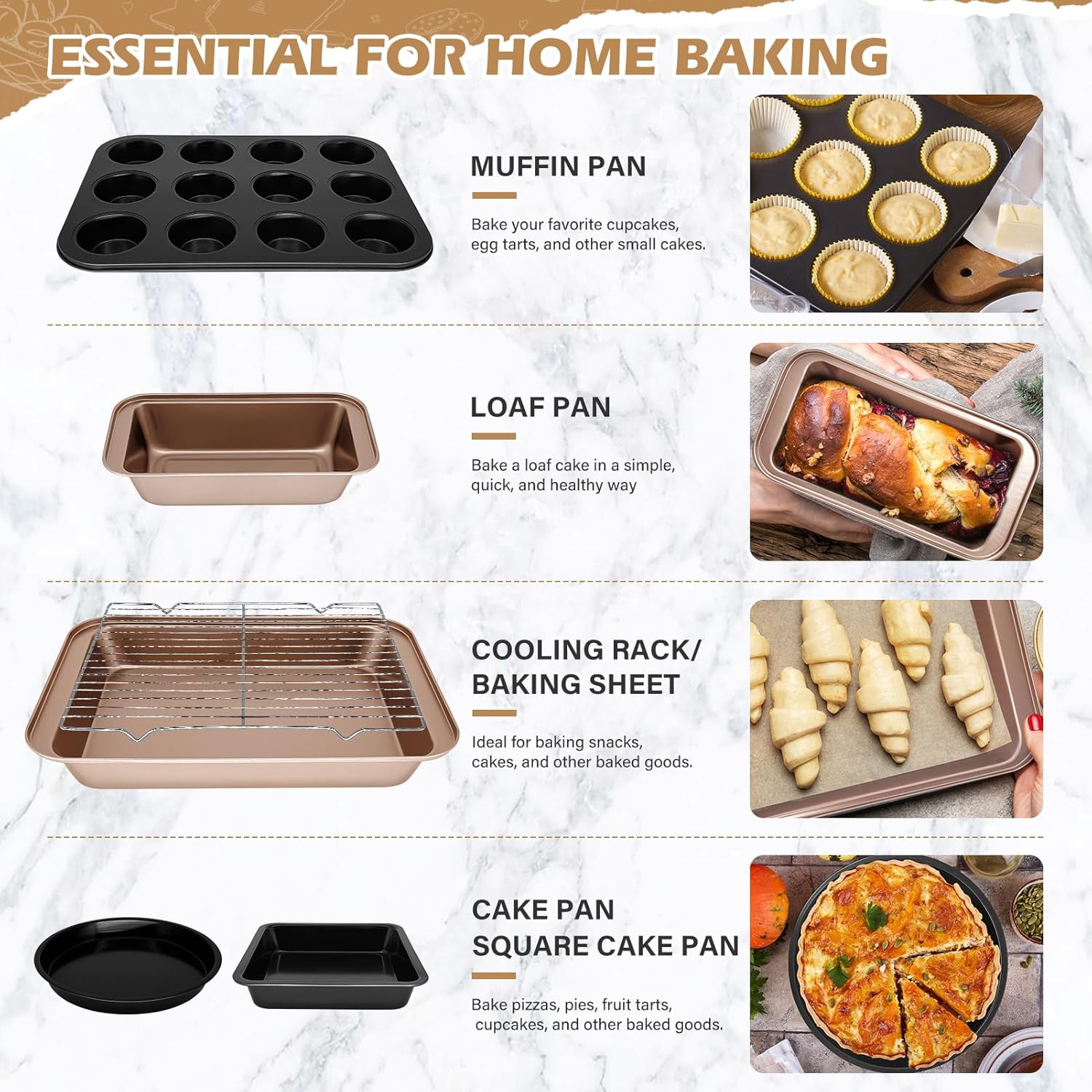 Skiennix Nonstick Bakeware Set - 15-Piece Baking Pan Set with Cooling Rack & Accessories | Oven Safe Metal
