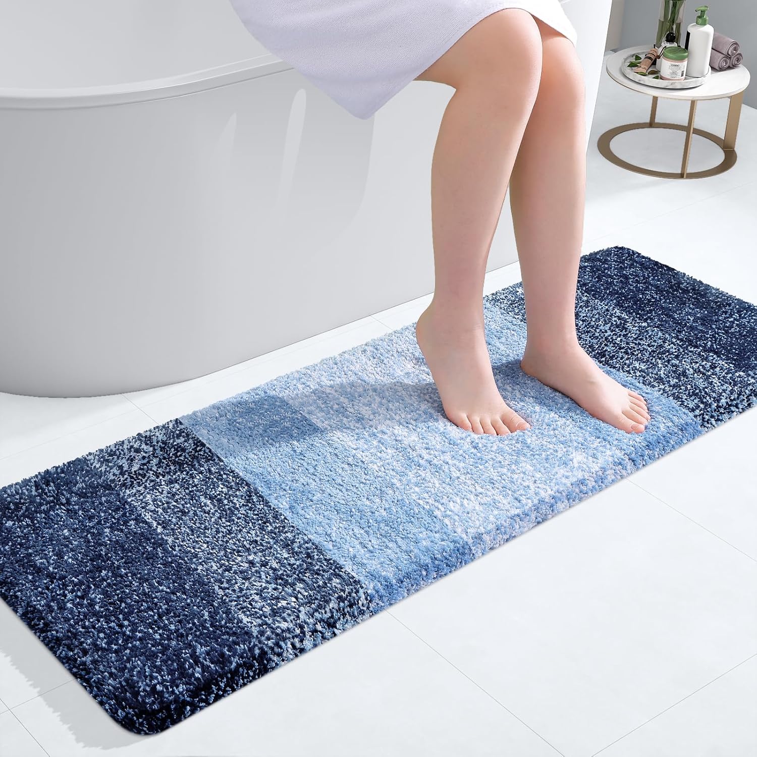 OLANLY Bathroom Runner Rugs - Extra Soft Microfiber Bath Mats | 47x17, Quick Dry, Rubber Backing, Navy