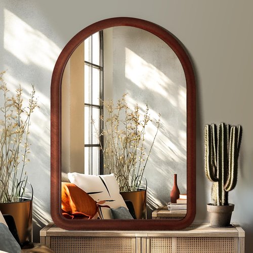 36"x24" Arched Bathroom Mirror, Wall Mounted Vanity Plush Flannel Frame Mirror for Bedroom, Entryway, Living Room, Dark Brown