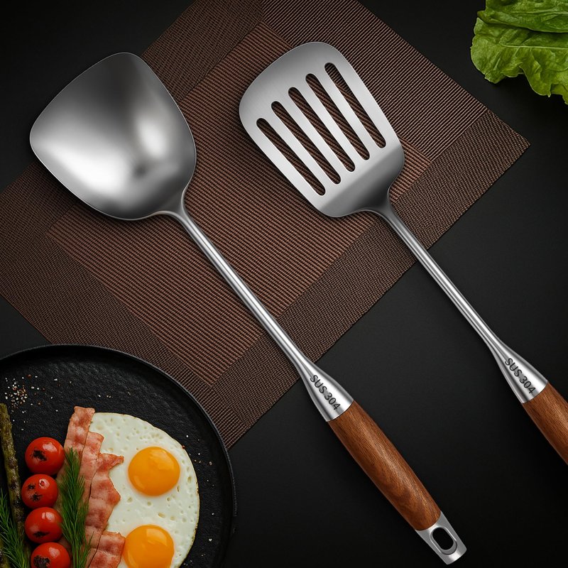 2Pcs Cooking Utensils Set,304 Stainless Steel Wok Spatula,kitchen utensils with Wooden Handle,Wok Tools Professional Set, Non-Stick and Heat Resistant