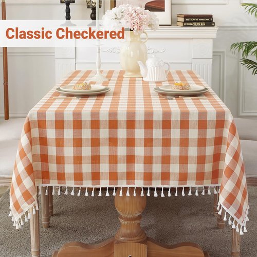 Laolitou Checkered Fall Holiday Tablecloth Rectangle Washable Buffalo Plaid Table Cloth with Tassel Cotton Linen Gingham Thanksgiving Table Cover for Picnic Kitchen Dining Room, Orange, 86 Inch