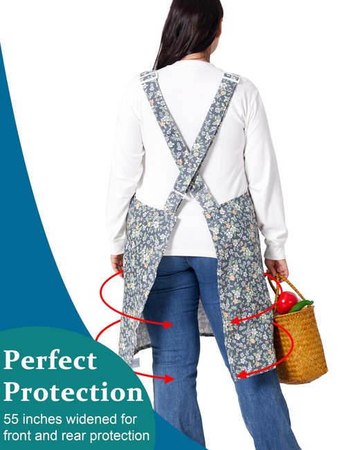 VIKIDEER Comfortable Huge Plus Size Aprons for Women Adjustable Cross Back Floral Cotton Linen Aprons Beggarticks