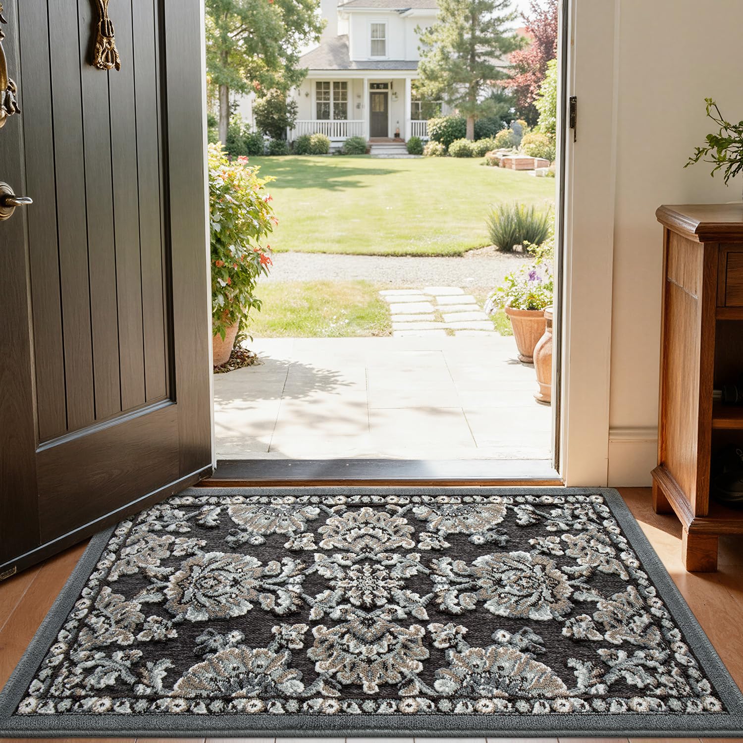 LUMI Indoor Door Mat for Entrance 36x59, Luxury Front Doormat with Non-Slip Latex Rubber Backing, Soft Washable Dirt Trapper, Flower Song (Rolled Package)