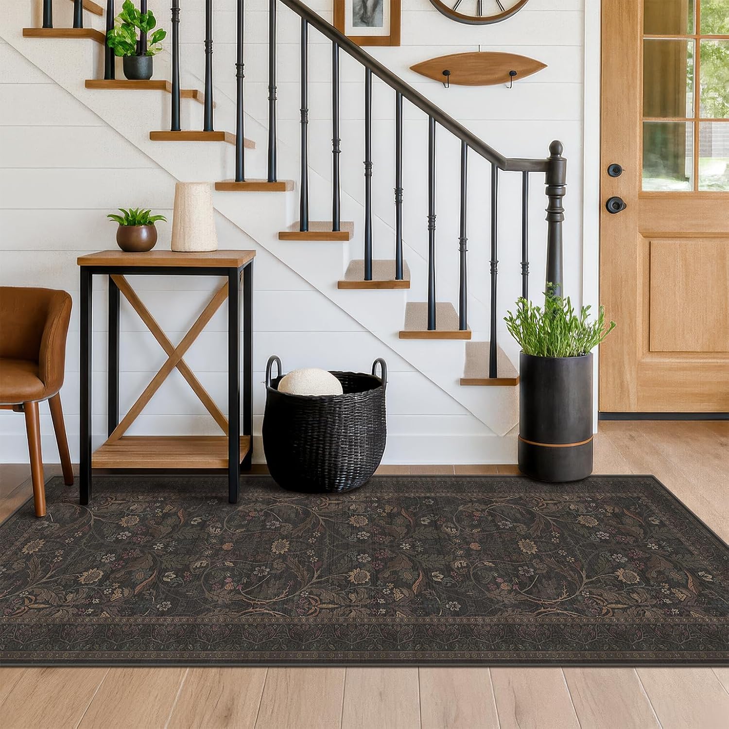 Regine Switzerland Washable 2x6 Kitchen Runner Rug - Non-Slip Dark Brown Floral Design for Farmhouse & Cabin