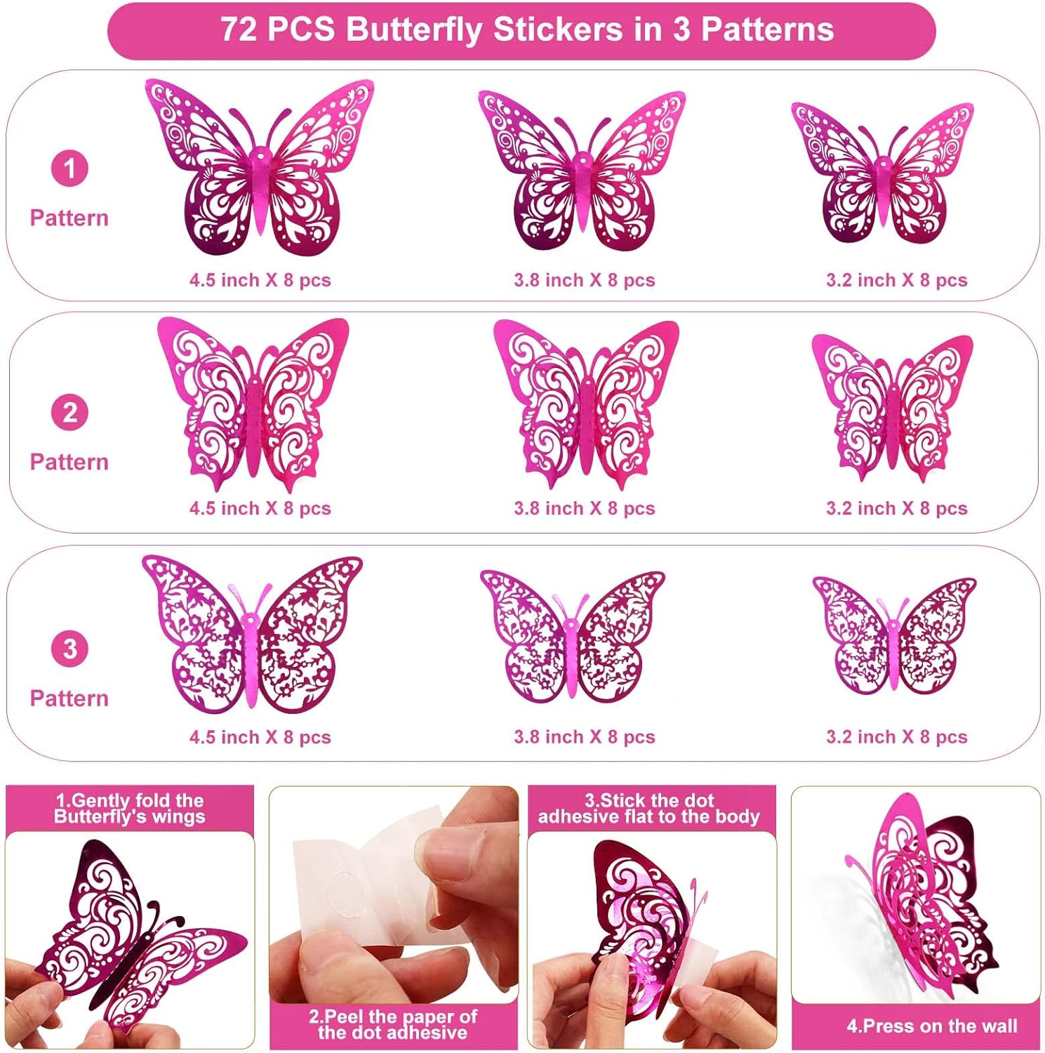 Skiennix 72 Pcs Butterfly Wall Decor - 3 Sizes & Styles for Party & Craft Decorations | Purple