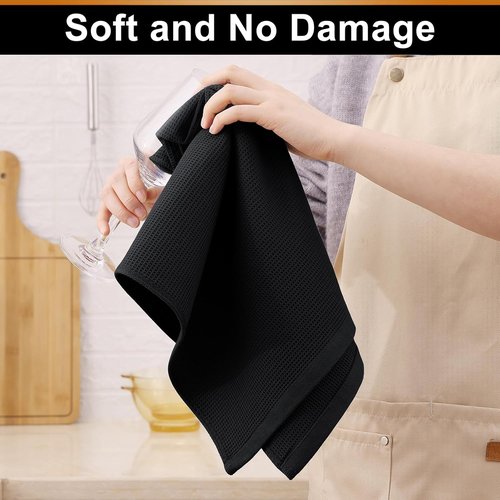 Homaxy 100% Cotton Waffle Weave Kitchen Towels - Soft, Absorbent 4-Pack - Quick Dry, 16 x 26 Inches, Black
