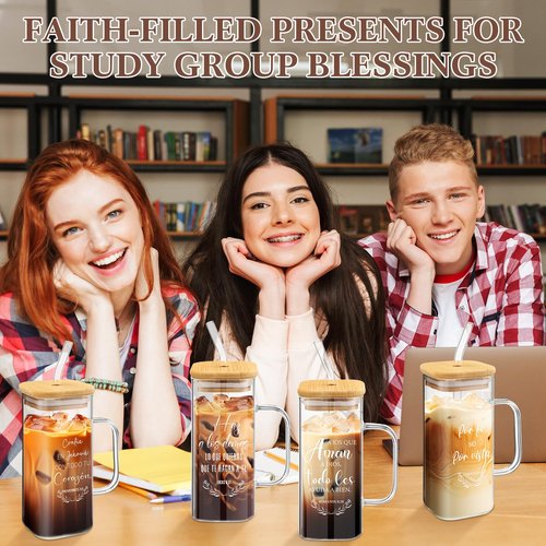 Sunnychicc 10 Pcs Christian Glass Cup with Handle Lid Straw Brush and Sleeve 13.5oz Bible Verse Coffee Cup Inspirational Religious Tumbler Gift for Women Men Employee Office(Spanish)