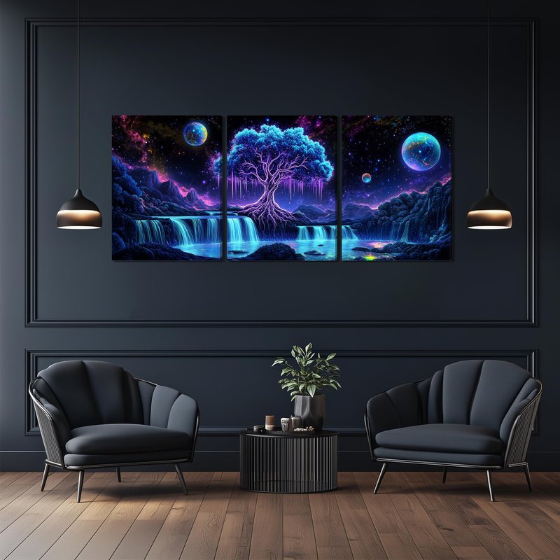KFYMP Tree of Life Wall Art – 3 Piece Galaxy Canvas Prints – Large Fantasy Waterfall and Space Wall Decor – Spiritual Modern Artwork for Living Room – 16x24 Inch