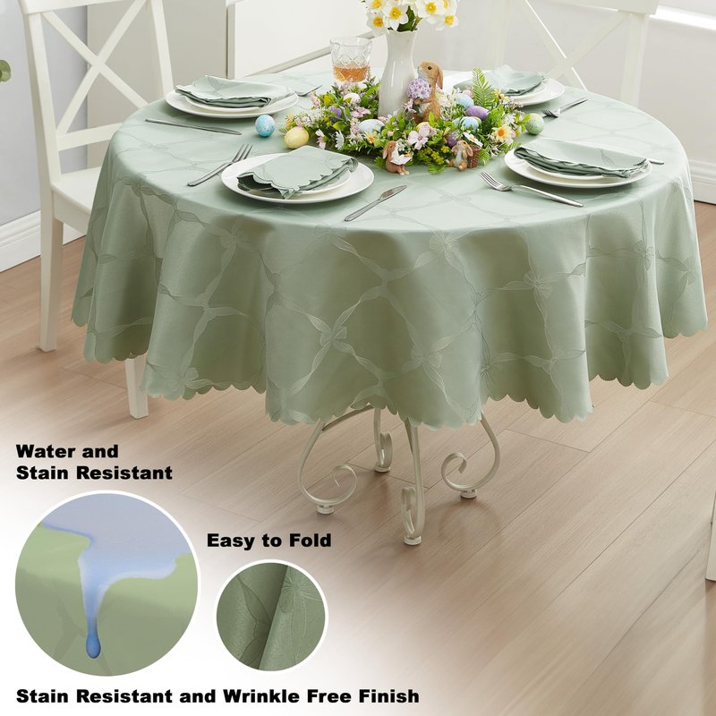 Newbridge Ribbons and Bows Damask Fabric Tablecloth, Sage Green, 70 Inch Round, Wrinkle & Stain Resistant Table Cover